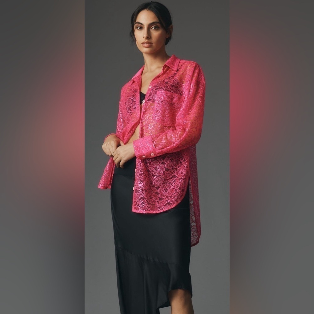 Sold out Pink Anthropologie Metallic Lace Buttondown Shirt size Medium